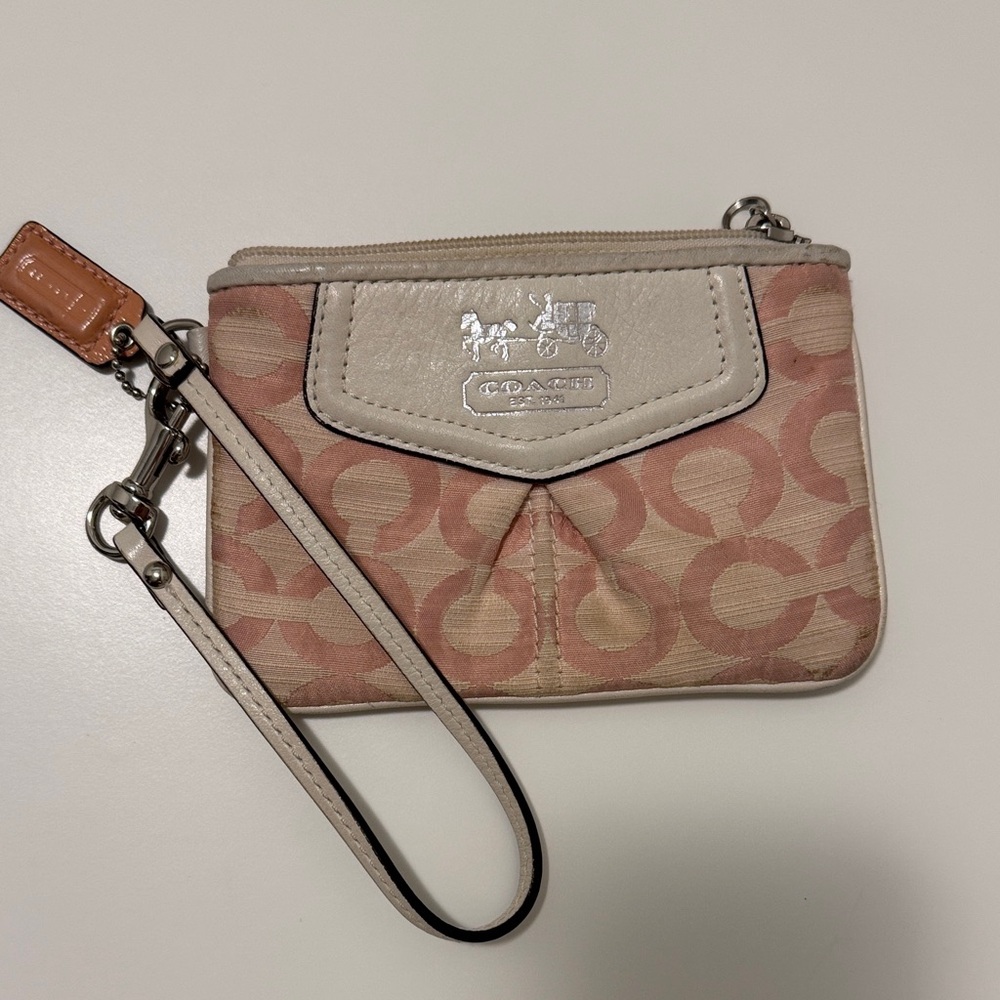 Coach Pink and Cream Signature C Wristlet with Strap